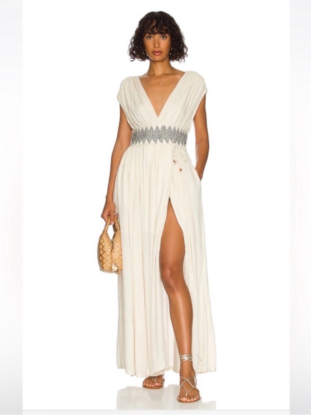 Free People Devon Dress Midi Maxi Dress Gauzy In Ivory Pockets Side Slit size XS